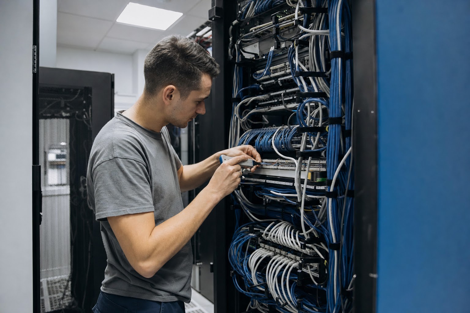 Technik zapojuje patch panel v datovém rozvaděči