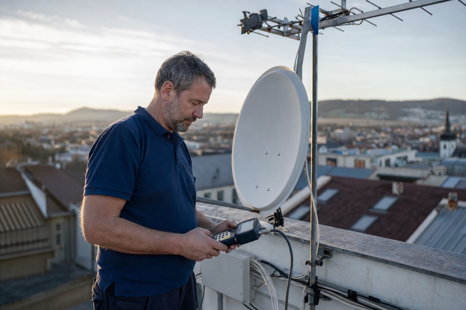 Technik měří televizní signál na střeše